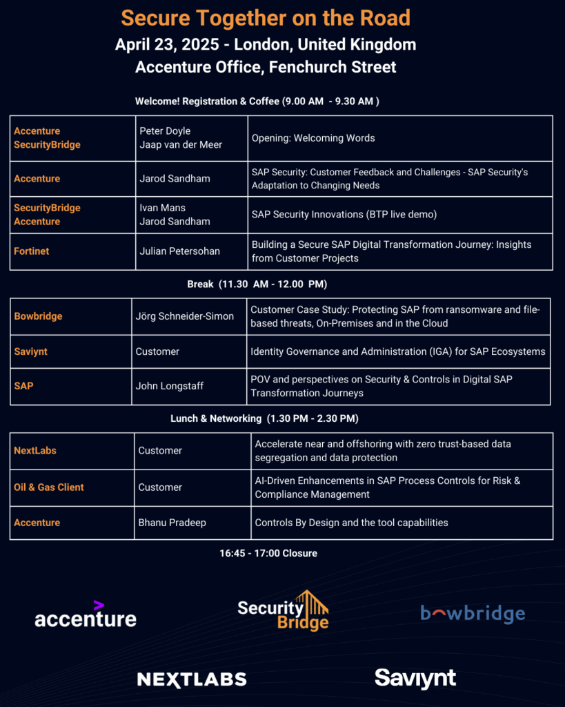 Agenda for 'Secure Together on the Road' event in London on April 23, 2025, hosted at Accenture Office, Fenchurch Street. The agenda includes sessions on SAP security, digital transformation, identity governance, AI-driven compliance, and data protection by Accenture, SecurityBridge, Fortinet, Bowbridge, Saviynt, SAP, NextLabs, and Oil & Gas Client.