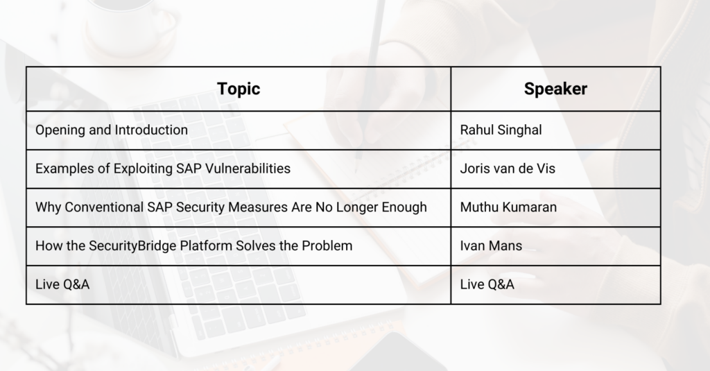 An agenda overview for the webinar, detailing topics such as opening remarks, SAP vulnerability examples, limitations of conventional SAP security measures, a presentation of SecurityBridge's platform, and a live Q&A session.