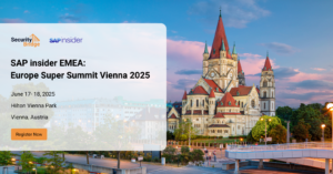 Banner for SAP Insider EMEA: Europe Super Summit Vienna 2025, featuring the historic St. Francis of Assisi Church in Vienna at sunset. Event details include June 17–18, 2025, Hilton Vienna Park, with a “Register Now” button.