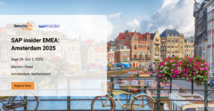 Amsterdam cityscape with canal, bicycles, and historic buildings promoting SAPinsider EMEA 2025 event at the Maritim Hotel.