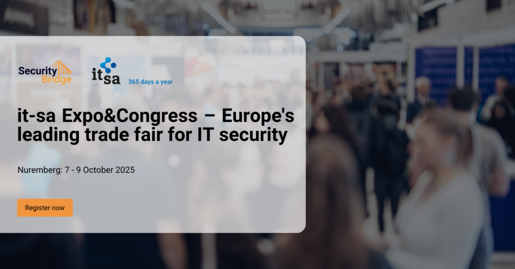 Crowd of cybersecurity professionals networking at it‑sa Expo & Congress in Nuremberg, surrounded by exhibitor booths and digital security displays
