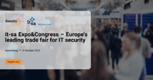 Crowd of cybersecurity professionals networking at it‑sa Expo & Congress in Nuremberg, surrounded by exhibitor booths and digital security displays
