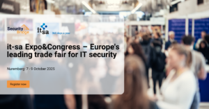 Crowd of cybersecurity professionals networking at it‑sa Expo & Congress in Nuremberg, surrounded by exhibitor booths and digital security displays