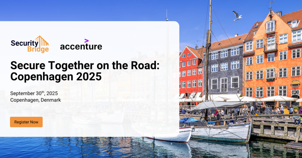 Secure Together Copenhagen 2025 event banner with city background.