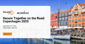 Secure Together Copenhagen 2025 event banner with city background.