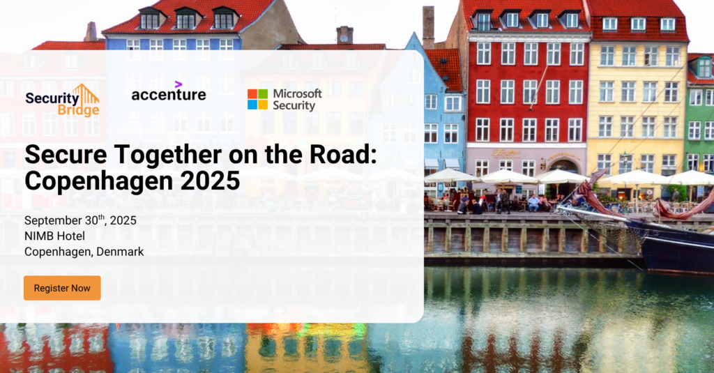 Scenic photo of Copenhagen with SAPinsider EMEA 2025 event details, SecurityBridge logo, and Booth #105 information