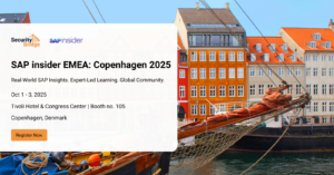 Scenic photo of Copenhagen with SAPinsider EMEA 2025 event details, SecurityBridge logo, and Booth #105 information
