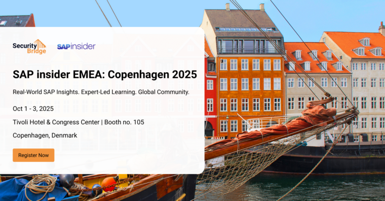 Scenic photo of Copenhagen with SAPinsider EMEA 2025 event details, SecurityBridge logo, and Booth #105 information