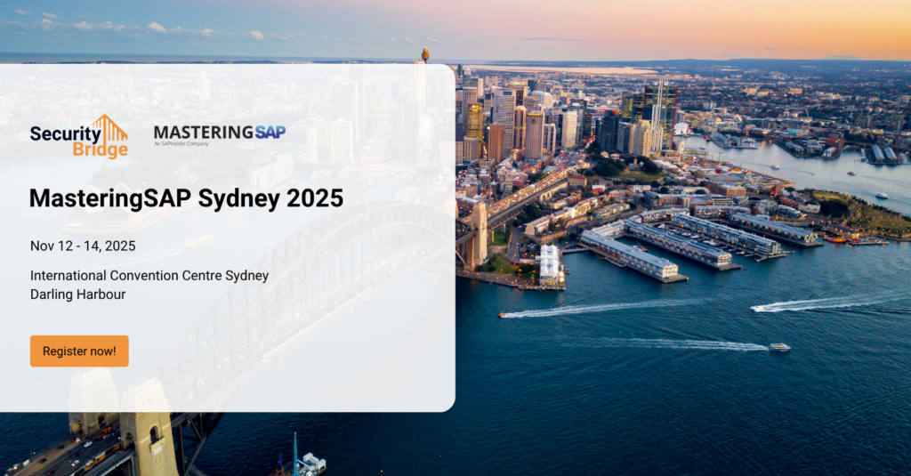 Aerial view of Sydney Harbour with city skyline and event info overlay for MasteringSAP Sydney 2025, featuring SecurityBridge and MasteringSAP logos.