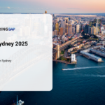 Aerial view of Sydney Harbour with city skyline and event info overlay for MasteringSAP Sydney 2025, featuring SecurityBridge and MasteringSAP logos.