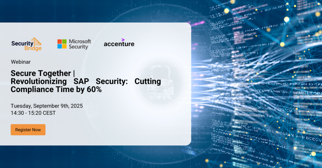 Business professionals at a technology conference discussing cybersecurity, with SAP and cloud security icons overlaid.