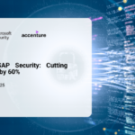 Business professionals at a technology conference discussing cybersecurity, with SAP and cloud security icons overlaid.