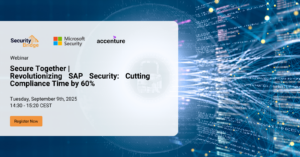 Business professionals at a technology conference discussing cybersecurity, with SAP and cloud security icons overlaid.
