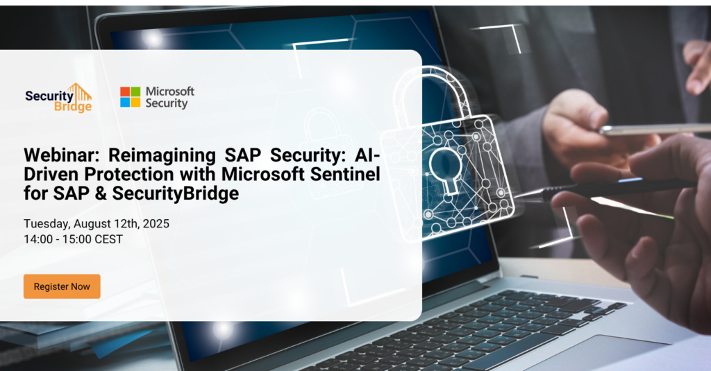 Webinar cover image featuring SecurityBridge and Microsoft Sentinel logos with the title 'Reimagining SAP Security: AI-Driven Protection' and abstract visuals of cloud security and SAP systems