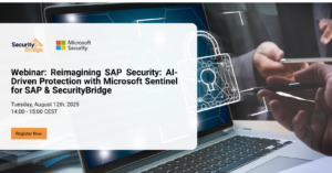 Webinar cover image featuring SecurityBridge and Microsoft Sentinel logos with the title 'Reimagining SAP Security: AI-Driven Protection' and abstract visuals of cloud security and SAP systems