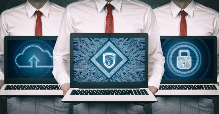 Laptops displaying cybersecurity icons held by business professionals, symbolizing certificate management and SAP Security in modern IT environments.