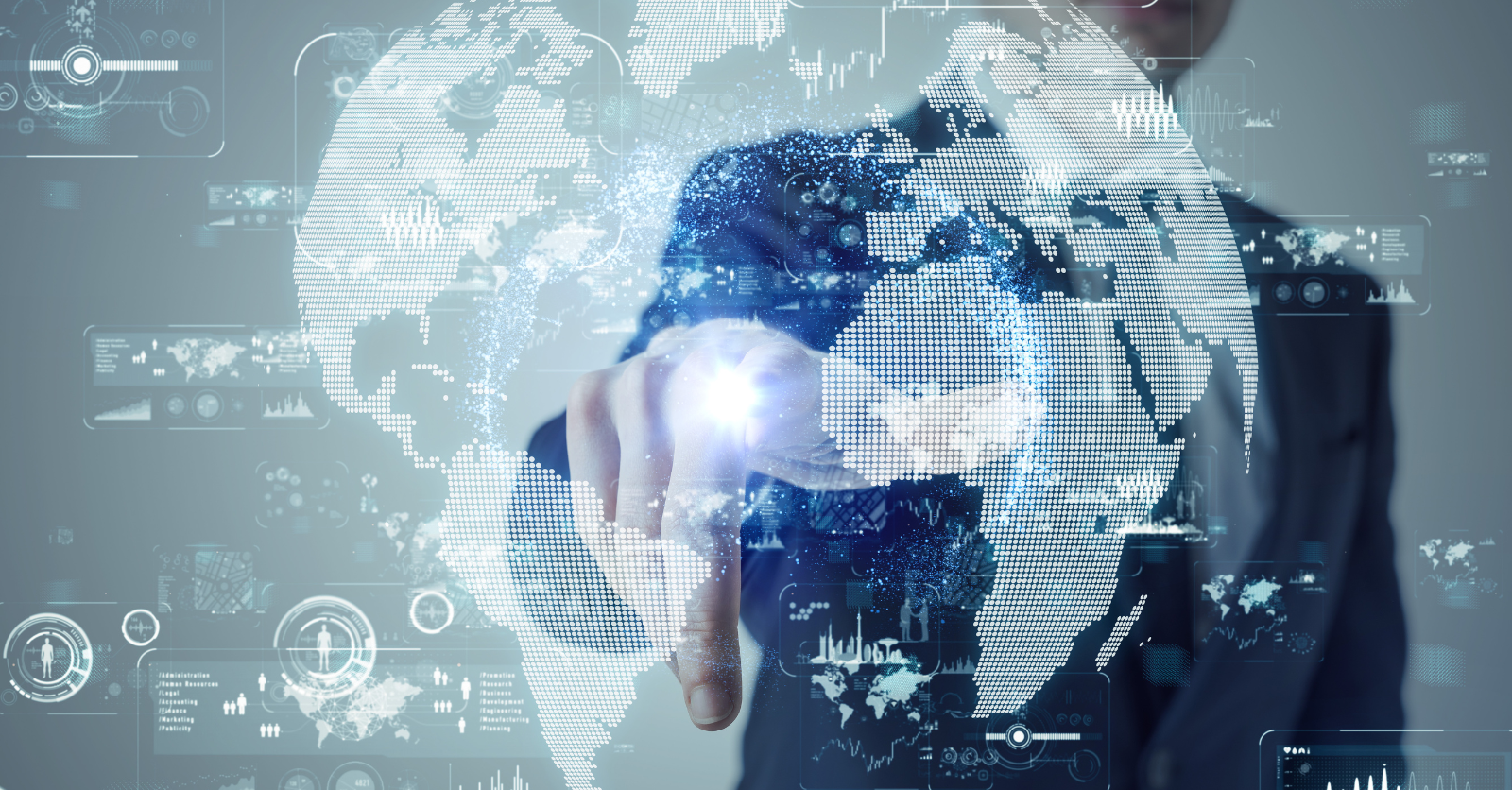 A business professional interacts with a glowing digital world map surrounded by futuristic cybersecurity and data interface graphics.