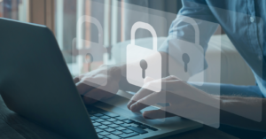 Laptop with digital lock icons representing SAP security risks and critical vulnerabilities in 2025.