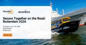 A water taxi sails in front of the historic SS Rotterdam ship under a clear blue sky, promoting the Secure Together on the Road: Rotterdam 2026 event.