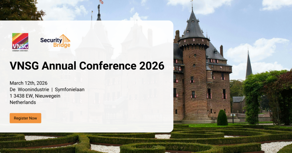 VNSG Annual Conference 2026 banner with SecurityBridge logo, event date March 12, 2026, and venue De Woonindustrie in Nieuwegein, Netherlands.