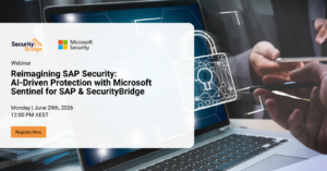 Webinar cover image featuring SecurityBridge and Microsoft Sentinel logos with the title 'Reimagining SAP Security: AI-Driven Protection' and abstract visuals of cloud security and SAP systems