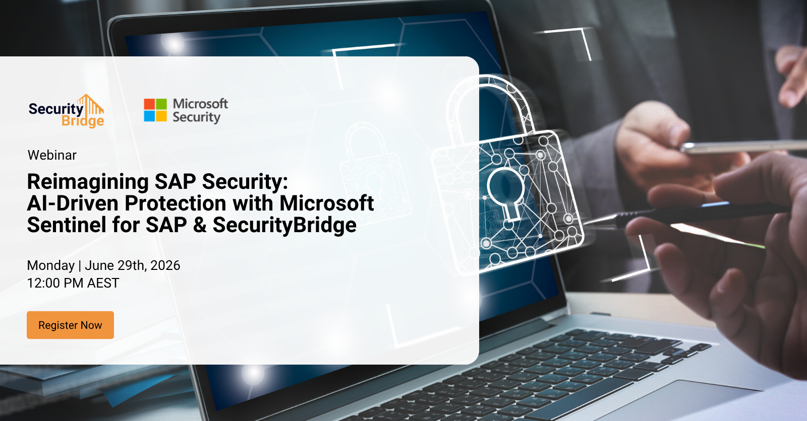 Webinar cover image featuring SecurityBridge and Microsoft Sentinel logos with the title 'Reimagining SAP Security: AI-Driven Protection' and abstract visuals of cloud security and SAP systems
